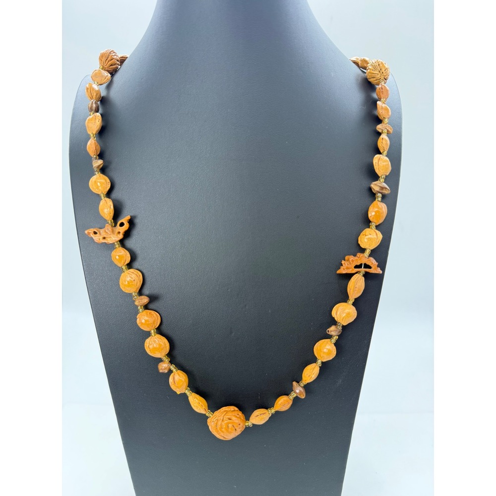 Vintage Hand Carved Fruit Pit Seed Bead Long Necklace Bohemian Nature Jewelry